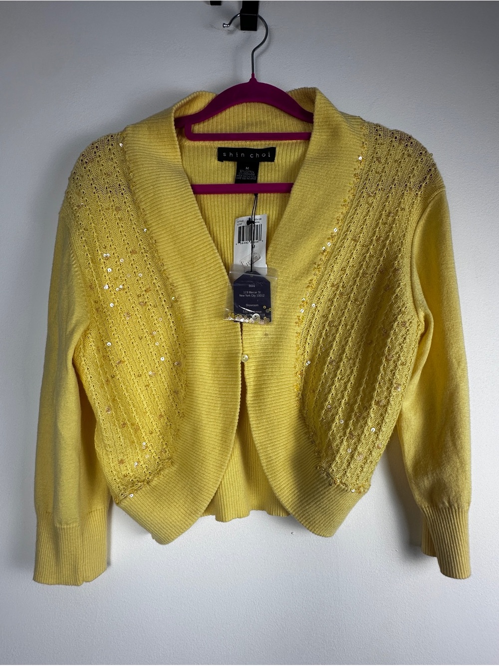 NWT Shin Choi Yellow Cotton Cashmere Sequin Cardigan M